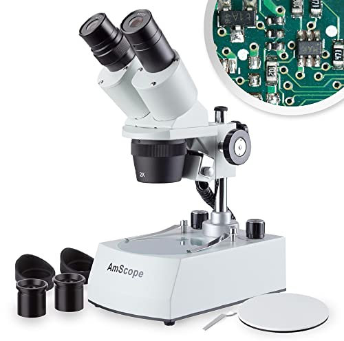 AmScope SE306R-P-LED Kompaktes Stereomikroskop mit mehreren Objektiven, abgewinkeltem Kopf, Metallsäulenständer, LED-Beleuchtung oben und unten, 20X-40X