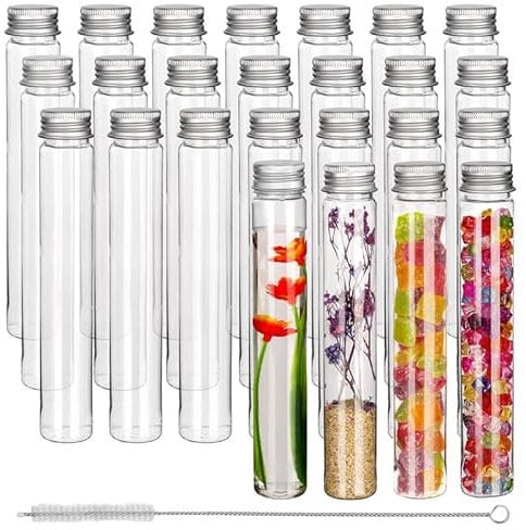 Kurtzy 25 Pack Clear Plastic Test Tubes with Screw Caps & Brush - 110ml Reusable Plastic Tubes for Storage, Test Tube Shots, Candy, Bath Salts & Beads