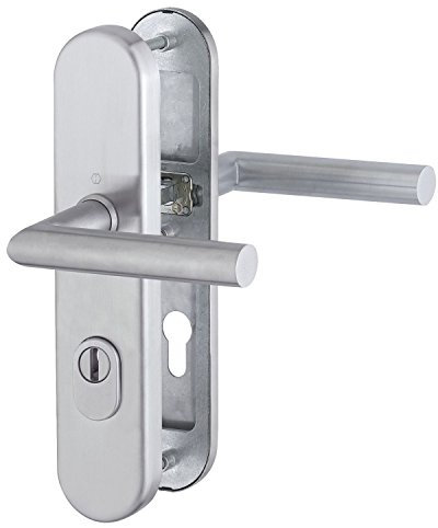 HOPPE 3898215 Sicherheits-Drückergarnitur Amsterdam-DIN-Norm Entfernung 92mm, Edelstahl matt, Langschild Profilzylinder für Türstärke 67-72mm, mit Kernziehschutz, Klasse 3, 1 Stück