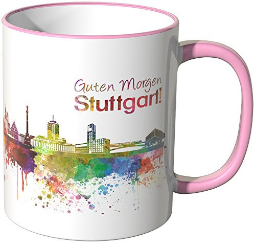 WANDKINGS® Tasse, Schriftzug Guten Morgen Stuttgart! mit Skyline - ROSA
