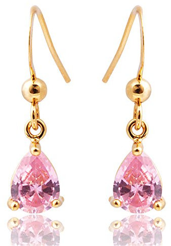 [RIZILIA TEARDROP] Dangle Pierced Earrings with Pear Cut Gemstone CZ [Pink Sapphire] in 18K Yellow Gold Plated, Simple Modern Elegance