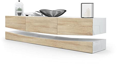 Vladon Lowboard City, Made in Germany, TV-Kommode mit Sockelelement, 1 offenem Fach und 3 Schubkästen, Weiß Hochglanz/Eiche Sägegrau (178 x variabel x 39 cm)