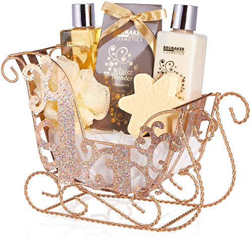 BRUBAKER Cosmetics - Coffret de bain & de soins - Winter Wonder/Vanille - 6 Pièces - Traîneau à paillettes - Doré - Idée cadeau Noël