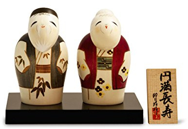Kokeshi Paar Enmanchoju, original japanische Holz-Puppen, handgeschnitzt, von Hand bemalt. Kunst aus Japan für Dekoration, als Glücksbringer, Sammlerpuppe, Talisman