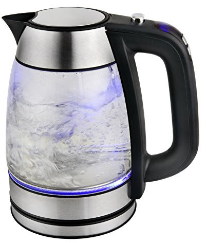 Team Kalorik Bouilloire Électrique sans Fil 1.7 Litre en Verre/Inox (40-100°C), Eclairage Intérieur LED, 2200 W, Filtre à Particules, Argenté/Noir, TKG JK 1040