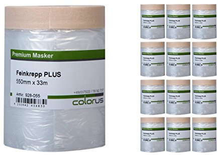 12 x Colorus Malerkrepp Masker Tape PLUS 33 m mit 55 cm Abdeckfolie - Abklebeband Abdeck Klebeband mit Malerfolie