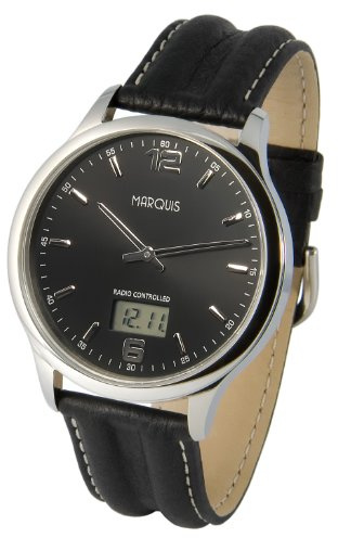 MARQUIS Elegante Herren Funkuhr (Junghans-Uhrwerk) Schwarzes Lederarmband, Edelstahlgehäuse 964.6178