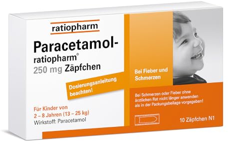Paracetamol-ratiopharm 250 mg Zäpfchen, 10 Zäpfchen, bei Schmerzen | Sanfte Hilfe bei Schmerzen und Fieber für Kleinkinder