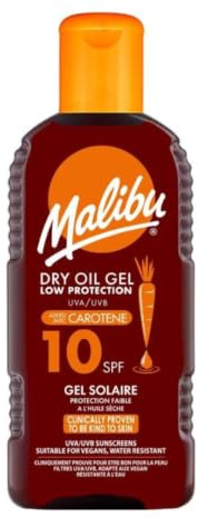 Malibu Sun SPF 10 Non-Greasy Dry Oil Gel, Tan Enhancing, 200ml | Beta Carotene, Coconut Oil, Water Resistant, Low Protection, Fast-Absorbing