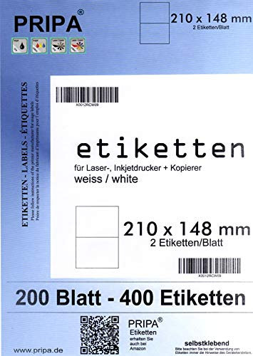 pripa Etikettenformat 210 x 148 mm - 200 Blatt DIN A4 Selbstklebende Etiketten - 400 Etiketten (200)