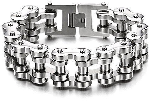 COOLSTEELANDBEYOND Schwere Robust Herren-Armband Motorrad Fahrradkette Motorradkette aus Edelstahl Hochglanz Silber Farbe Poliert