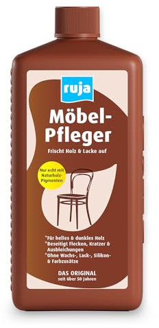 ruja Möbel-Pfleger 1 Liter - Möbelpolitur Möbelöl mit Echtholz-Pigmenten, 2-in-1 Holzreiniger & Holzpflegeöl - Holzöl farblos für innen - Holz-Öl dunkel & hell - für Holztisch, Möbel & mehr