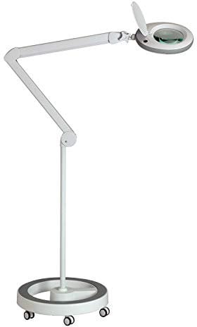 Lumeno LED Lupenleuchte 7218GR Lupenlampe mit 127 mm Echtglaslinse, Arbeitsplatzlampe, Kosmetiklampe, geeignet für Kosmetik, Bastler, Lesehilfe Vergrößerungslampe, 8 Dioptrien Grau mit Rollstativ