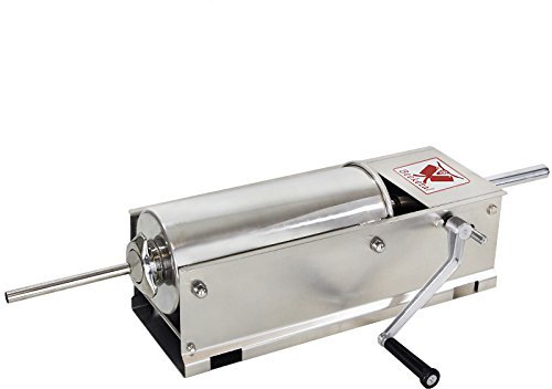 Beeketal 'BTH05' Edelstahl Industrie Wurstfüllmaschine (5 L Volumen/horizontale Ausführung), Profi Wurstfüller mit 2 Gang Vollmetall-Getriebe und Handkurbel, inkl. 5 Fülltüllen