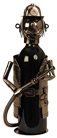 Moderner Wein Flaschenhalter Flaschenständer Feuerwehrmann aus Metall in Silber Höhe 21 cm