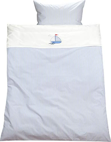 Lorenchen/Lorena Mako-Batist Streifen Kinderbettwäsche Segelboot Schiff Blau Weiß 100% Baumwolle gestreift (135 x 200 cm + 80 x 80 cm)