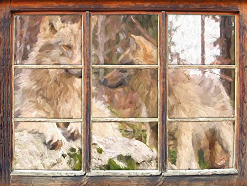 Stil.Zeit Wölfe im Wald Kunst Pinsel Effekt Fenster im 3D-Look, Wand- oder Türaufkleber Format: 92x62cm, Wandsticker, Wandtattoo, Wanddekoration