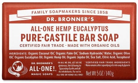 Dr Bronner's 3-in-1 Eucalyptus Pure Castile Bar Soap, Made with Organic Oils and No Synthetic Preservatives, Used for Face, Body and Hair, Certified Fair Trade & Vegan Friendly, 140g Bar