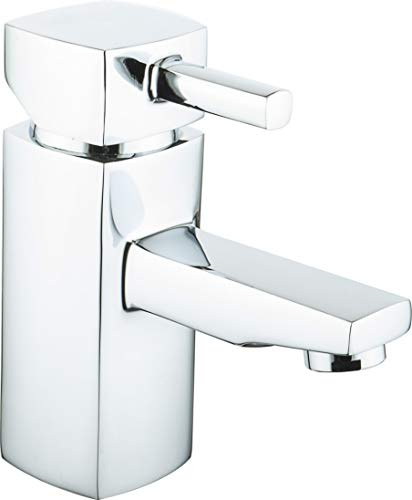 VeeBath OMR70 Oldham Soft Square Mono Basin Mixer Tap Brass with Spring Plug Push Button Waste 1/2 BSP Fitting and Flexi Pipes-Chrome