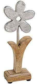 TEMPELWELT® Deko Figur Blume 30 cm, Aluminium Metall Blüte Silber mit Mango Holz massiv Natur, Holzdekoration Blümchen Aufsteller Frühling Ostern Sommer
