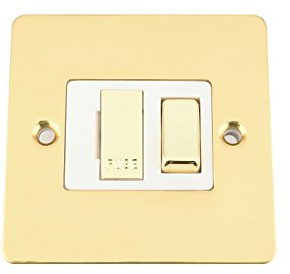 Fused Switch - Polished Mirror Brass Flat - White Insert Metal Rocker Switch - 13 Amp Switched Fused Spur Unit