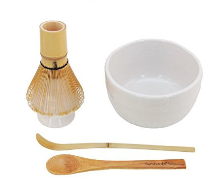 BambooMN Brand - Matcha Bowl Set (Includes Bowl, Rest,Tea Whisk, Chasaku, & Tea Spoon) 1 Set White