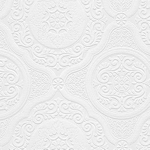 Manhattan Comfort Carter Series Vinyl Textured Paintable Floral Scroll Boarded Square Design Large Wallpaper Roll, 21 W x 33'L, White