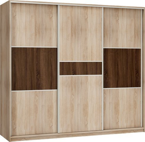 FurnitureByJDM Kleiderschrank mit Schiebetüren – Großer Schiebetürenschrank mit Regalen für Schlafzimmer (240x216x65 cm) – Moderner Kleiderschrank 3 Türen (Eiche Sonoma Hell/Dunkel - RICO)