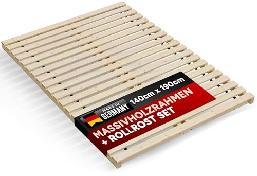 TUGA - Holztech Lattenrost 300Kg reines Naturprodukt unbehandelt bestehend aus Rollrost und passendem Rahmen als Palettenbett nutzbar (140 x 190 cm)