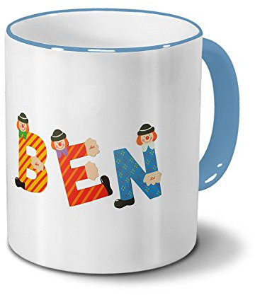 printplanet Tasse mit Namen Ben - Motiv Holzbuchstaben - Namenstasse, Kaffeebecher, Mug, Becher, Kaffeetasse - Farbe Hellblau