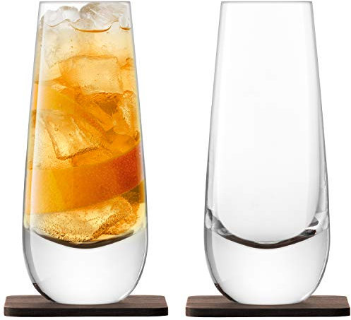 LSA Whisky Islay Mixer Glass 325ml Clear & Walnut Coaster | Set of 2 | Handmade Glass and Wood | WH06