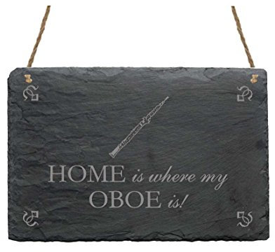 Schiefertafel « HOME IS WHERE MY OBOE IS » Schild mit Motiv - Größe ca. 22 x 16 cm - Dekoschild Dekoration - Musik Instrument
