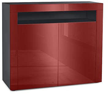 Vladon Kommode Valencia, Made in Germany, Sideboard mit 2 Türen und 1 offenem Fach, Schwarz matt/Bordeaux Hochglanz/Bordeaux Hochglanz (108 x 92 x 40 cm)
