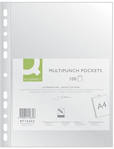 Q-Connect KF15632 Fundas para folletos/fundas transparentes granuladas A4-100 unidades/granulado superior abierto, fundas transparentes de plástico perforado/transparente 40 micras