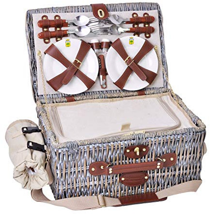 Les Jardins de la Comtesse - Picknickkorb Angers aus Weide - Komplett Für 4 Personen - Kühlfach - Keramikteller und Weingläsern/Flaschenträger - Cremefarbener Stoff - 46 x 31 x 22 cm