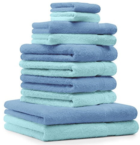 Betz 10-TLG. Handtuch-Set Premium 100% Baumwolle 2 Duschtücher 4 Handtücher 2 Gästetücher 2 Waschhandschuhe Farbe Hell Blau & Türkis