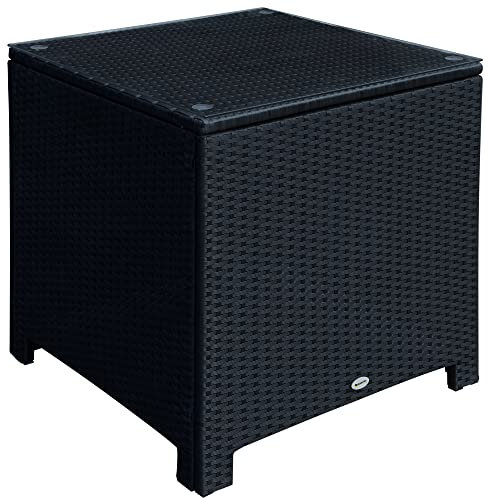Outsunny Patio PE Rattan Side Table, Square Outdoor Coffee Table w/Tempered Glass Top, Black