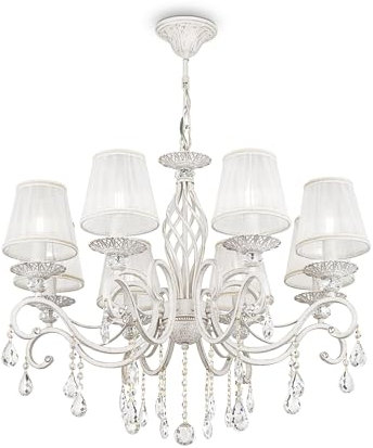 MAYTONI DECORATIVE LIGHTING Elegante Lampadario pendente da Soffitto, 8 luci, Altezza Regolabile, Design Shabby Chic, Metallo bianco, Paralume in Tessutto bianco, per 8 lampadine E14 40w non incl