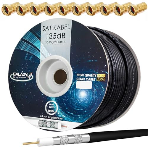 HB-DIGITAL SET: 100m Koaxial SAT Kabel 135db Schwarz + 10x F-Stecker vergoldet | CCS (Stahl-Kupfer) Satellit Antennenkabel 5-Fach geschirmt für DVB-S/S2 DVB-C/C2 DVB-T/T2 DAB+ Radio BK Anlagen