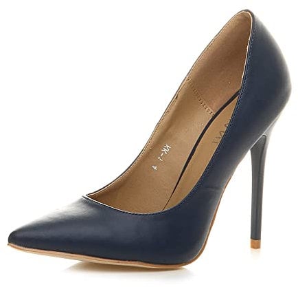 WOMENS LADIES HIGH HEEL POINTED COURT SMART PARTY WORK SHOES PUMPS SIZE 4 37, Navy Matte, 4 UK