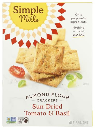 Simple Mills Almond Flour Crackers, Sundried Tomato & Basil, Gluten Free, Flax Seed, Sunflower Seeds, Corn Free, Good for Snacks, Made with whole foods, (Packaging May Vary), 4.25 Ounce
