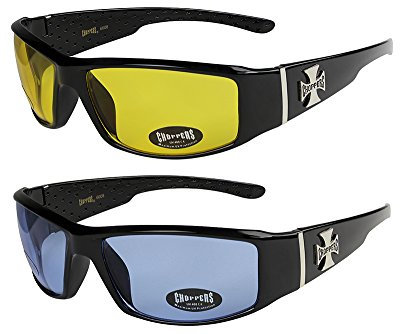 2er Pack Choppers 6608 X0 Sonnenbrillen Herren Damen Männer Brille - 1x Modell 12 (schwarz glänzend/gelb getönt) und 1x Modell 13 (schwarz glänzend/nur ganz gering blau getönt) - Modell 12 + 13 -