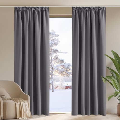 PONY DANCE Schienen Gardinen und Vorhang Grau Blickdicht 2er Set Verdunklungsvorhänge mit Kräuselband Thermogardine gegen Hitze Blackout Curtains Living Room, H 228 x B 167 cm