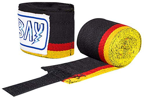 BAY® BRD 2,5 Boxbandagen + WICKELANLEITUNG, schwarz rot Gold gelb, Baumwolle, 2,5 Meter x 5 cm, Box-Bandagen, Handbandagen, Deutschland Germany Paar, 2 Stück