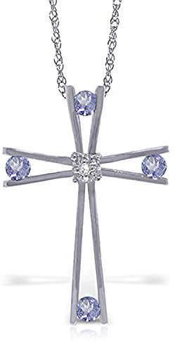 14 Karat Weißgold Kreuz mit natürlichen Diamanten und Tansaniten Halskette, Tansanit,