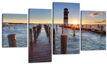 Leinwandbild Leuchtturm mit Pier LW182 Wandbild, Bild auf Leinwand, 4 Teile, 180x115cm, Kunstdruck Canvas, XXL Bilder, Keilrahmenbild, fertig aufgespannt, Bild, Holzrahmen, Landschaft, Natur, See