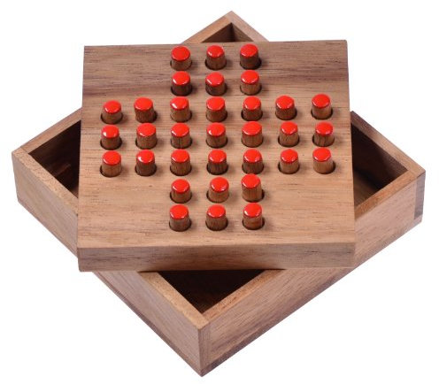 LOGOPLAY Solitär Gr. S - Solitaire - Steckspiel - Denkspiel - Knobelspiel - Geduldspiel - Logikspiel aus Holz - rote Stecker