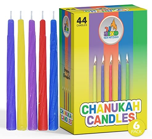 6-Pack Colorful Chanukah Candles - Standard Size Hanukkah Candles - Premium Quality Wax - Assorted Colors - Bulk Pack for All 8 Nights of Hanukkah - by Ner Mitzvah