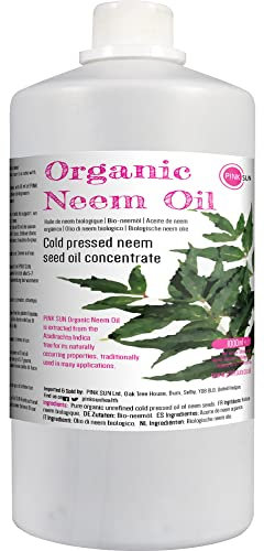 Pure Organic Neem Oil 1 Litre (or Select 250ml) Cold Pressed Unrefined Virgin Concentrate 1000ml - Natural for Plants and Pets Horses Dogs Skin and Hair Care PINK SUN 1ltr