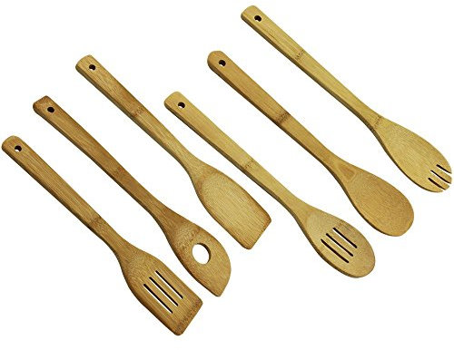 com-four® 6-teiliges Küchenhelferset, Grillwender, Kochlöffel, Pfannenwender, Schlitzlöffel, Lochkelle und Gabel aus Bambus (6 tlg. - Bambus - braun)